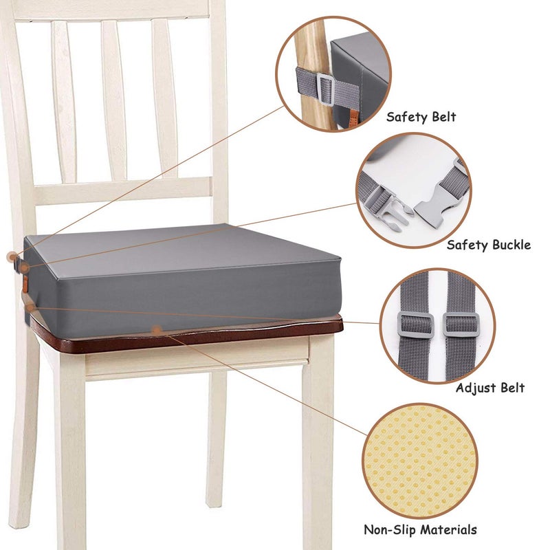 SMZCTYI Toddler Booster Seat for Dining Table, PU Washable Double Safe Straps Non-Slip Bottom Booster Seat Dining Toddler, Portable Travel Increasing Cushion (Grey) - Image 3